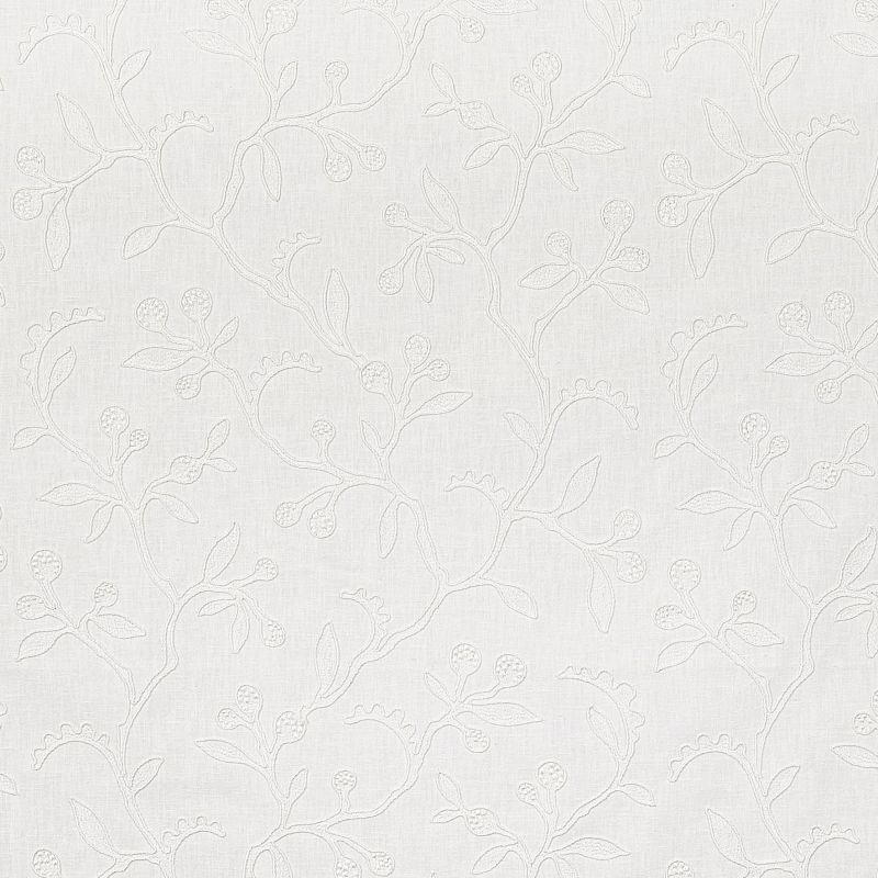 Linen-like fabric with embroidered vine-and-berry motif; raised, tonal stitches repeat across the surface, creating subtle relief and pattern, shown close-up as a soft, neutral, well-lit wallpaper-like textile.