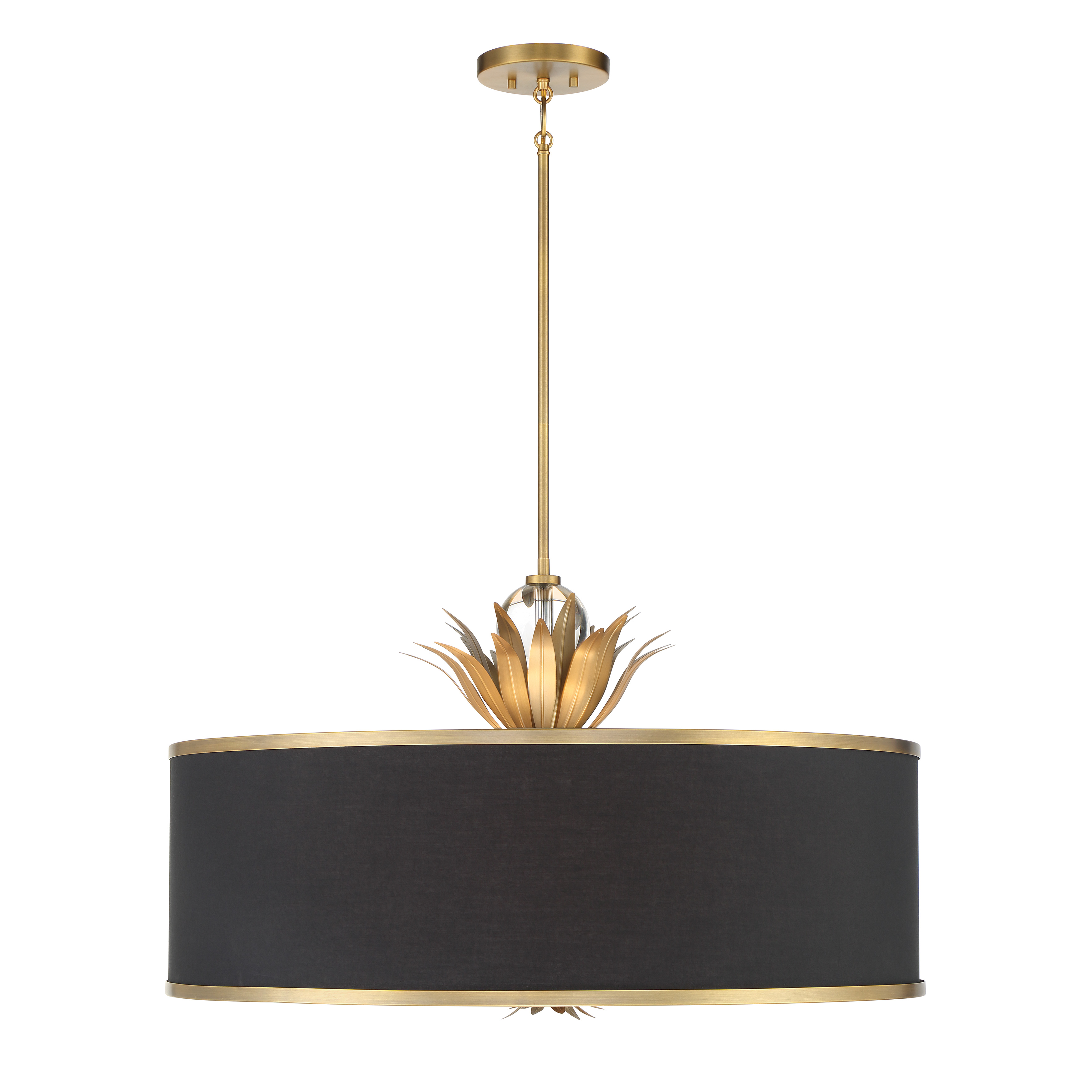 The Caprio pendant combines natural brushed brass with fabric shades and crystal accents for a refined look. Its 32-inch width makes it perfect for larger dining rooms and kitchen islands, offering both ambient and decorative lighting. - alternate view