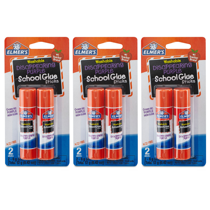 Washable School Glue Sticks, Disappearing Purple, 2 Count, Pack of 3