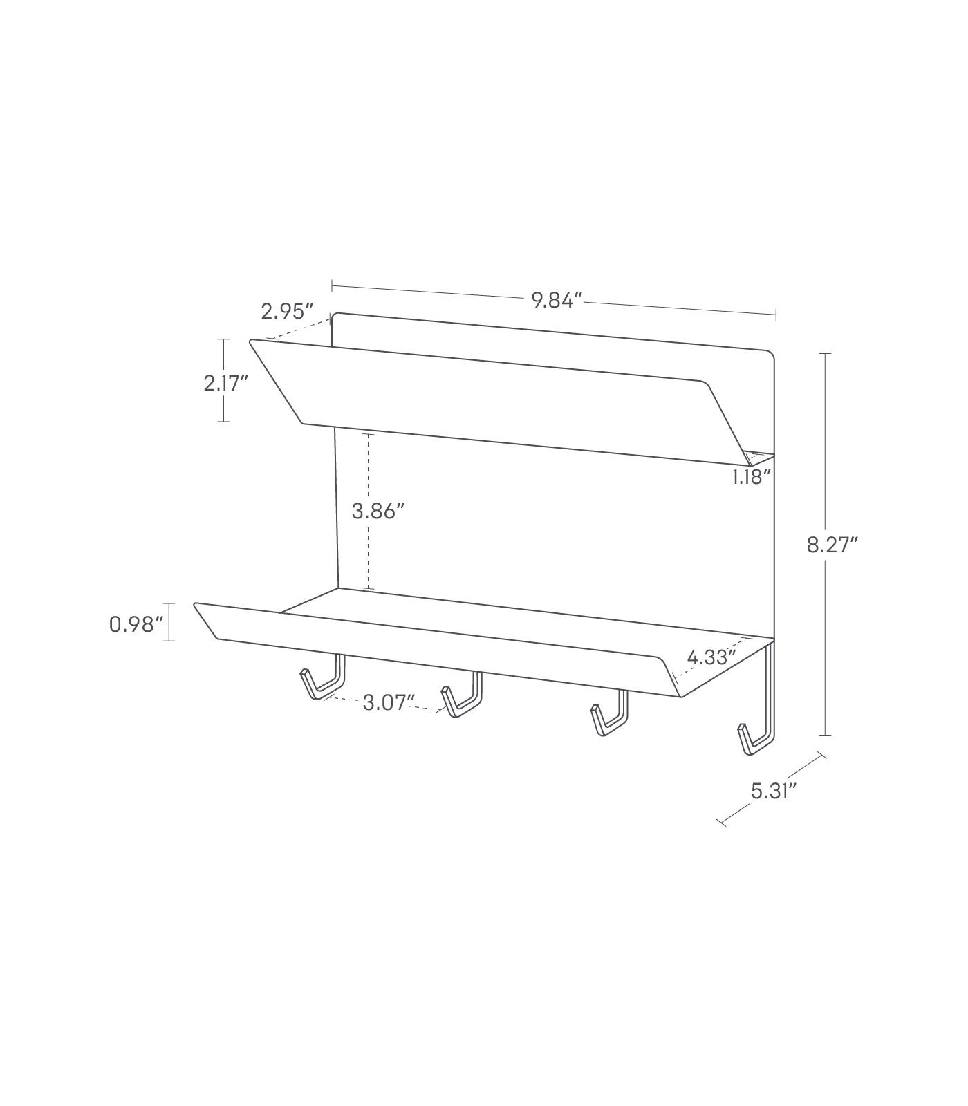 Dimension image for Magnetic Entryway Rack showing top shelf length 9.84", depth 2.95", lower shelf length 9.84", depth 3.86", with hook drop 3.07", total height 8.27