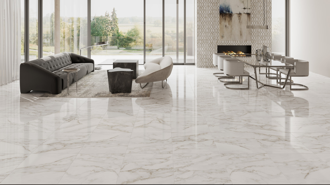 Amica Calacatta 24x24 and Helix Mosaic Polished