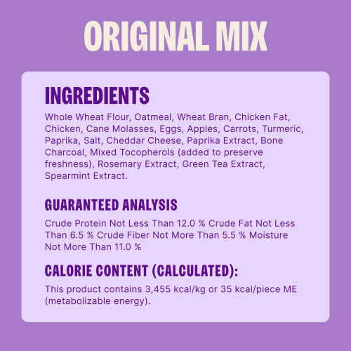 Whole Wheat Flour, Oatmeal, Wheat Bran, Chicken Fat, Chicken, Cane Molasses, Eggs, Apples, Carrots, Turmeric, Paprika, Salt, Cheddar Cheese, Paprika Extract, Bone Charcoal, Mixed Tocopherols (added to preserve freshness), Rosemary Extract, Green Tea Extract, Spearmint Extract.