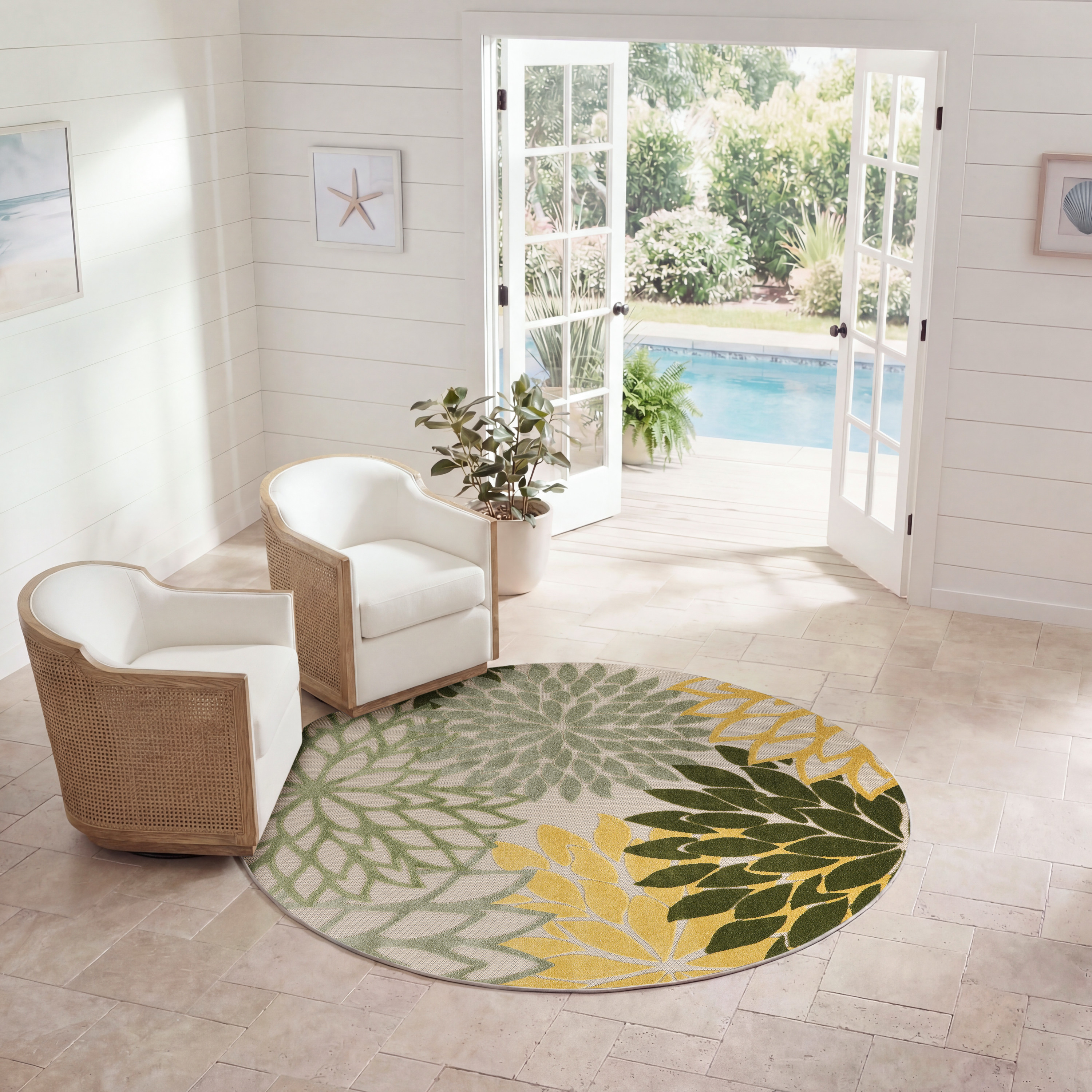 Nourison Aloha 5'3" x Round Green Multicolor Tropical Rug