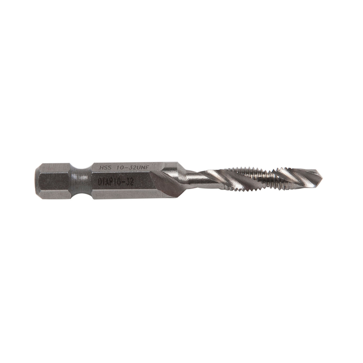 Combination Drill/Tap Bits.  10-32NF.  Complete hole drilling, tapping and deburring/countersinking in one operation with power drill saves labor and time.  Back tapered beyond tap to prevent thread damage from over-drilling.  Deburr/countersink also provided on bit beyond back taper.  Made from hardened high-speed steel vs. carbon steel for longer life.  High quality hex shank to ensure strong connection to drill chuck.  Designed to tap up to 10-gauge metal.  Quick change adaptor included in both metric and standard kits.