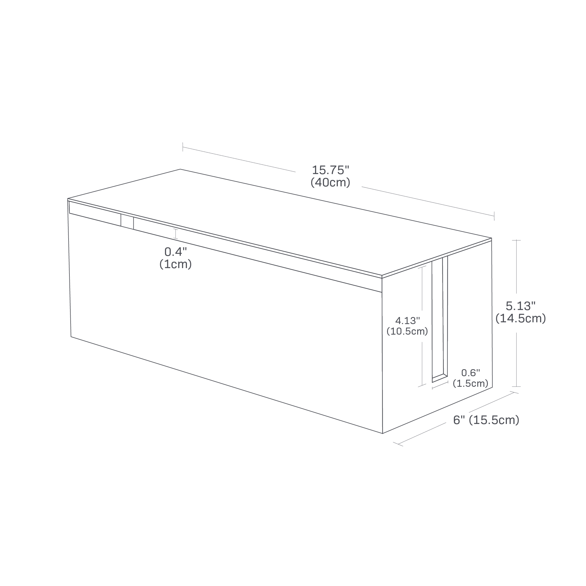 Dimension image for Cable Management Box showing length of 15.75 inches, width of 6 inches and height of 5.13 inches