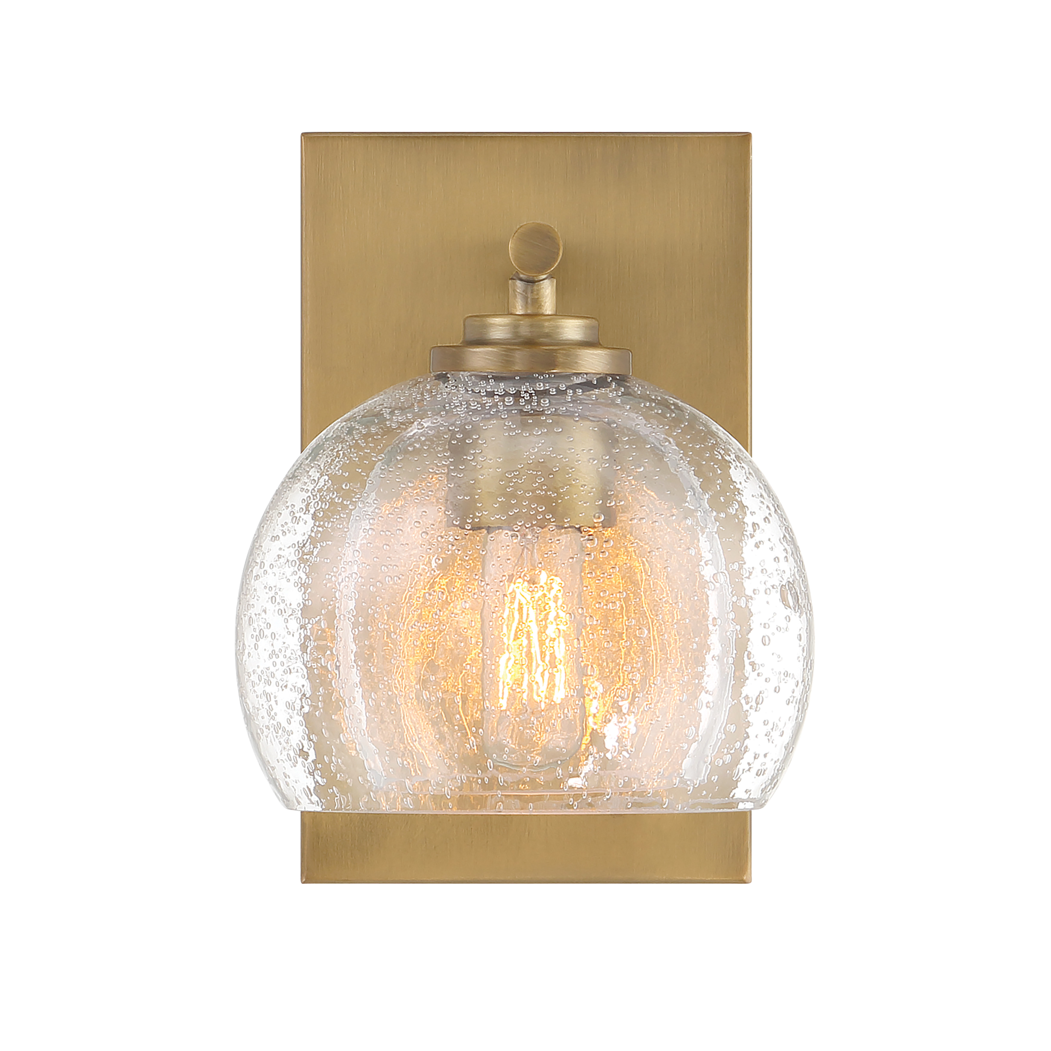 The Glint 6" vanity light combines warm Legacy Brass finish with charming seeded glass for a sophisticated yet approachable look. Its compact 6-inch width makes it ideal for powder rooms and smaller bathrooms where space is premium. - alternate view