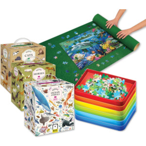 Senior Living Puzzle Kit &ndash; Social Group Activity Set with Sorting Trays & Roll-Up Storage Mat