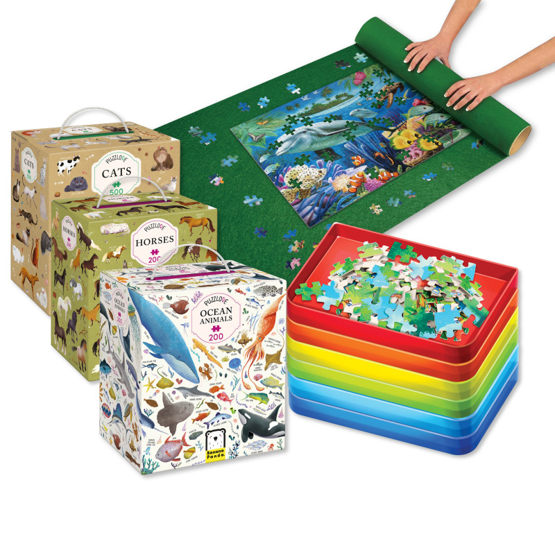 Senior Living Puzzle Kit – Social Group Activity Set with Sorting Trays & Roll-Up Storage Mat