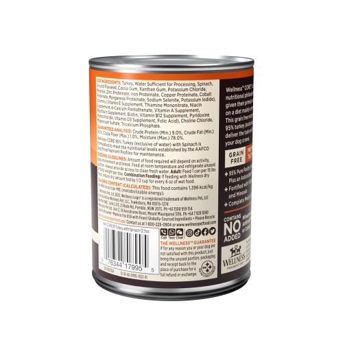 Wellness CORE 95% Turkey & Spinach back packaging