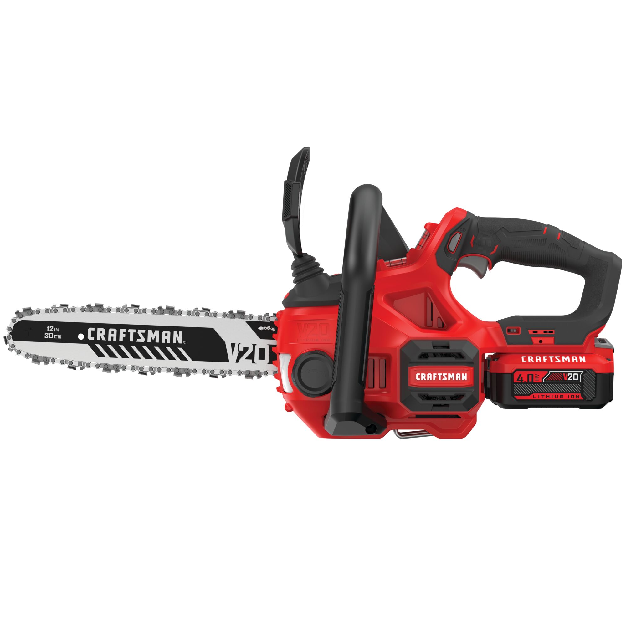 Right profile of 12 inch cordless compact chainsaw kit 4 amp hour.