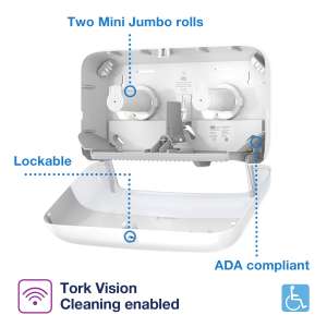 SCA555560, Tork,  T2 Mini Jumbo 2-Roll Toilet Paper Dispenser, White