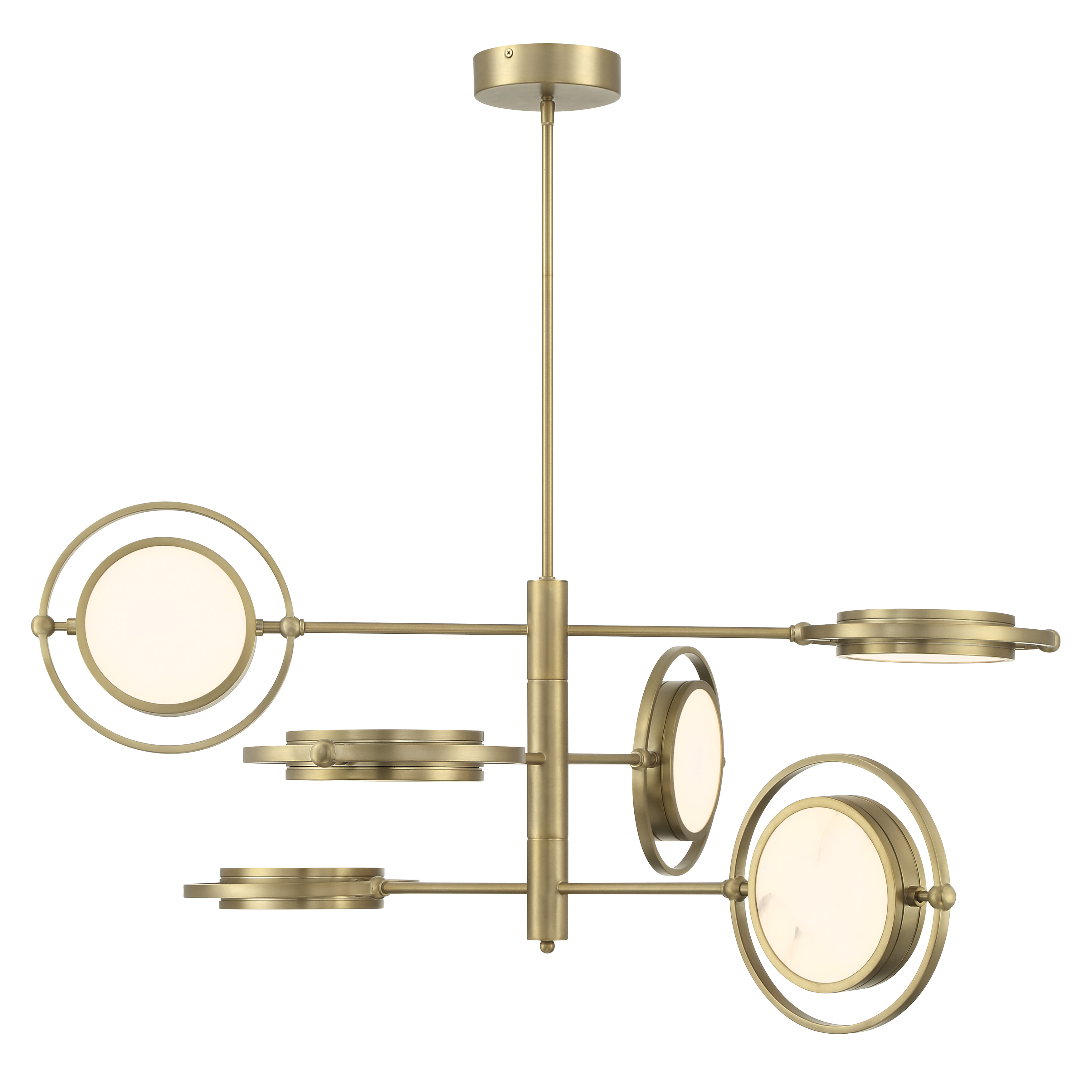 The Spectr chandelier combines modern linear design with warm soft brass finish and luminous alabaster diffusers. Its 40-inch span and integrated LED technology deliver both dramatic presence and energy efficiency, perfect for contemporary dining spaces. - alternate view