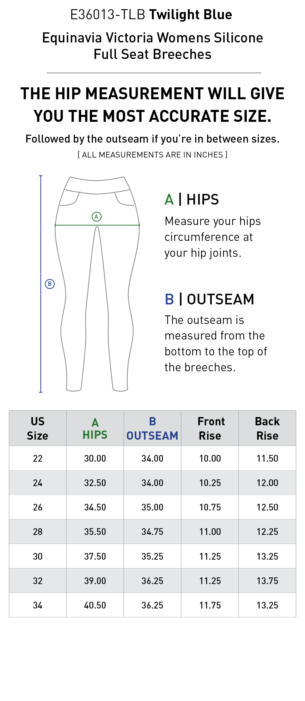 Size chart for Equinavia Victoria Womens Silicone Full Seat Breeches - Twilight Blue