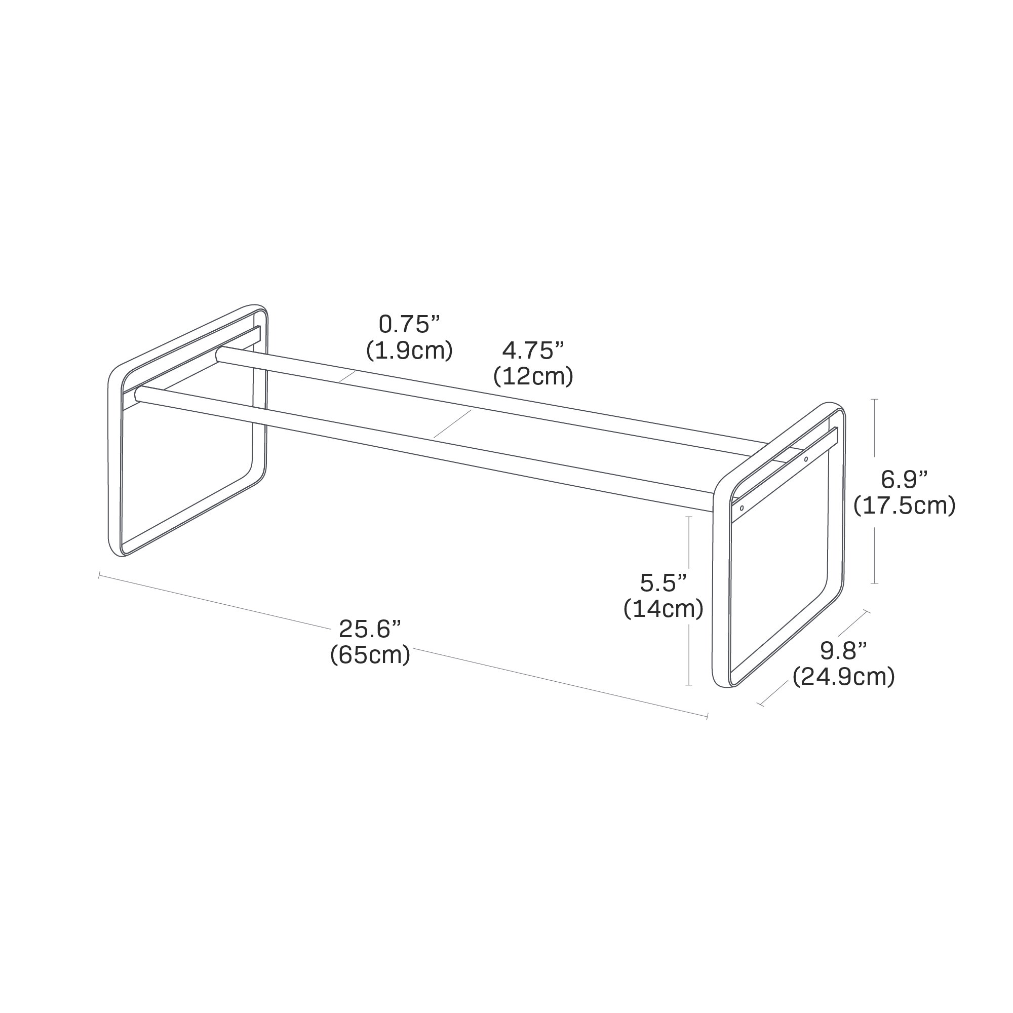 Dimension image for Stackable Shoe Rackon a white background showinglength of 25.6 inches, width of 9.8  inches, height of 6.9  inches. Two bars, each with a diameter of 0.75 inches, are placed 4.75 inches apart at a height of 5.5 inches.