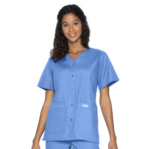 Landau Essentials Snap Front Scrub Top for Women: Classic Relaxed Fit, V-Neck, 4 Pockets 8232-