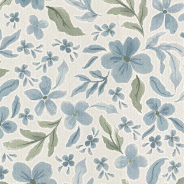 Blue watercolor-style flowers and green leaves repeat across a textured off-white fabric background, forming a scattered, overlapping floral pattern with delicate brushstroke detailing.