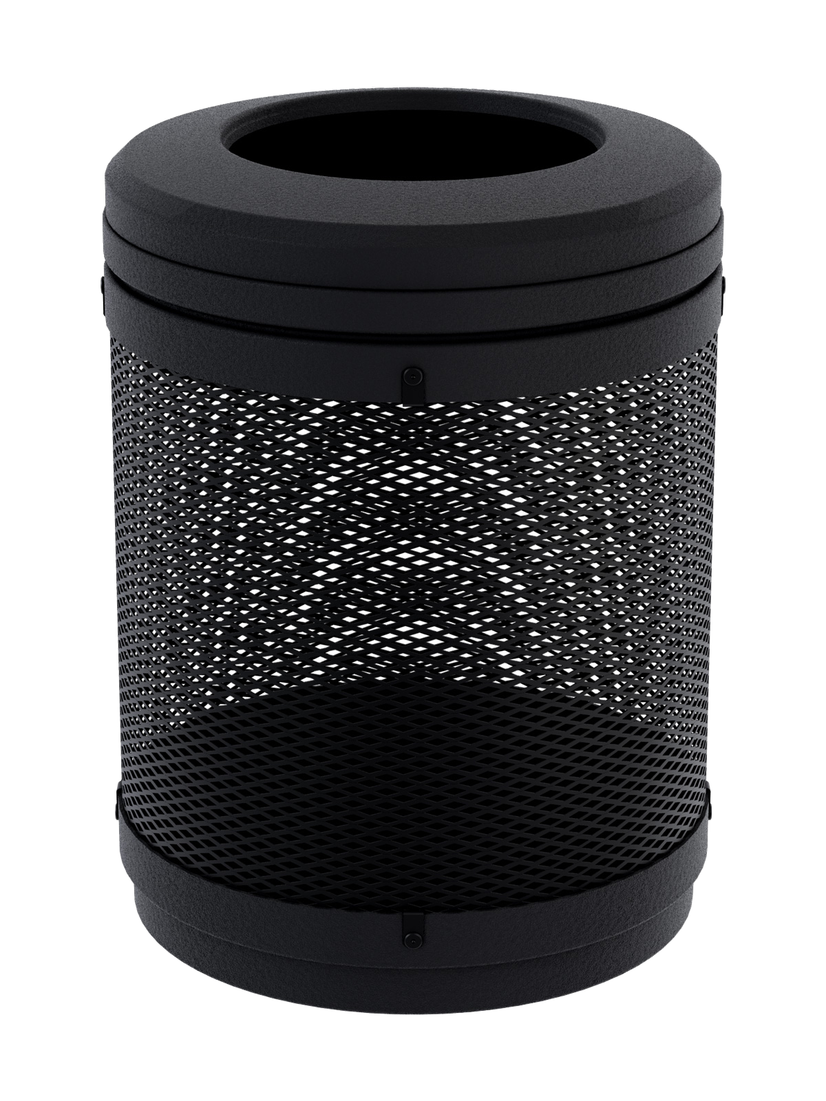 metal mesh body waste container with black plastic lid and base for visible collection and security