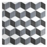 Pietra Visivo Collection Thassos Select Honed, Bardiglio Imperiale Honed, And Basalto Honed 11×10 Cubist Mosaic Honed
