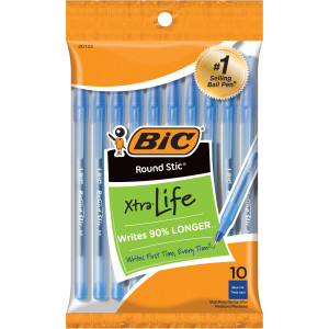 Round Stic&reg; Xtra Life Ballpoint Pen, Medium Point (1.0mm), Blue, Pack of 10