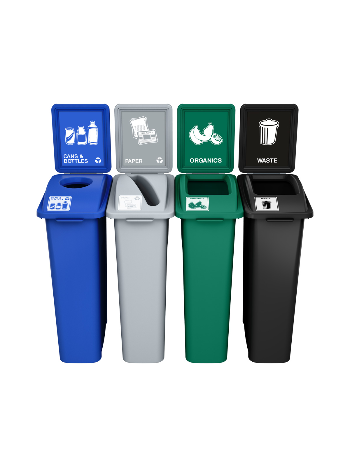 WASTE WATCHER – Quad – Kit – Cans & Bottles-Paper-Organics-Waste – Circle-Slot-Full – Blue-Grey-Green-Black