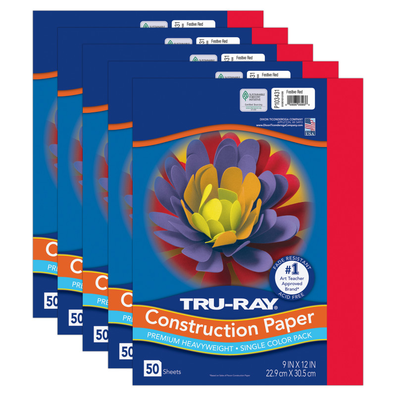 Construction Paper, Heavyweight, Red, 9" x 12", 50 Sheets Per Pack, 5 Packs