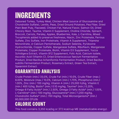 Deboned Turkey, Turkey Meal, Chicken Meal (source of Glucosamine and Chondroitin Sulfate), Lentils, Peas, Dried Ground Potatoes, Pea Fiber, Dried Plain Beet Pulp, Flaxseed, Turkey Liver, Turkey Hearts, Chicken Fat, Natural Flavor, Salmon Oil, Dried Chicory Root, Taurine, Vitamin E Supplement, Choline Chloride, Spinach, Broccoli, Carrots, Parsley, Apples, Blueberries, Kale, L-Carnitine, Mixed Tocopherols added to preserve freshness, Vitamin B3 (Niacin), Zinc Proteinate, Ferrous Sulfate, Zinc Sulfate, Iron Proteinate, Vitamin A Supplement, Vitamin B1 (Thiamine Mononitrate), d-Calcium Pantothenate, Sodium Selenite, Pyridoxine Hydrochloride, Copper Sulfate, Manganese Sulfate, Vitamin B2 (Riboflavin), Manganese Proteinate, Copper Proteinate, Biotin, Vitamin D3 Supplement, Yucca Schidigera Extract, Vitamin B12 Supplement, Folic Acid, Calcium Iodate, Vitamin C (Ascorbic Acid), Dried Enterococcus faecium Fermentation Product, Dried Bacillus licheniformis Fermentation Product, Dried Bacillus subtilis Fermentation Product, Rosemary Extract, Green Tea Extract, Spearmint Extract.