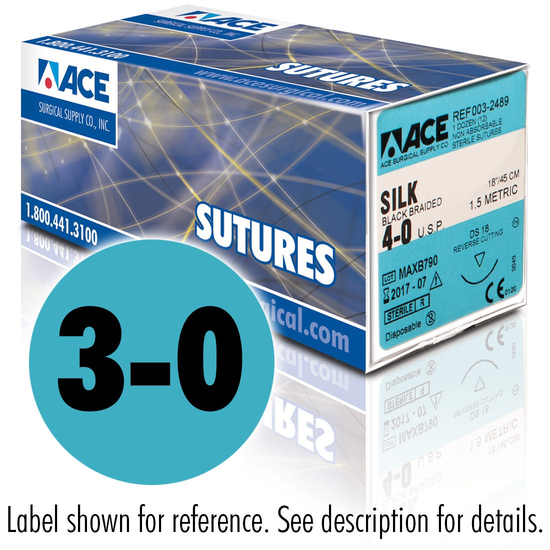 ACE 3-0 Black Braided Silk Sutures, HS16, 18"- 12/Box