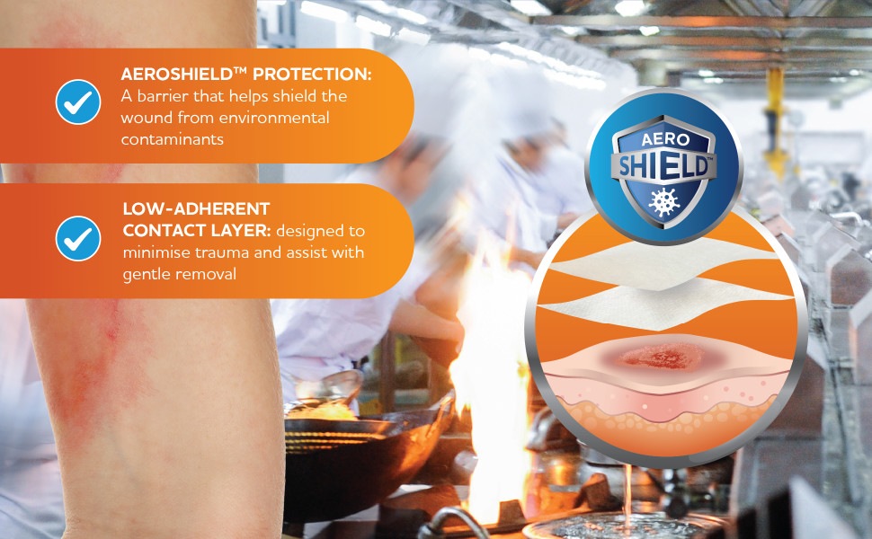 AeroShield™ protection: A barrier that helps shield the wound from environmental contaminants
Low-adherentcontact layer: designed to minimise trauma and assist with gentle removal
Conforming design: drapes to body contours for easy placement