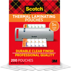 Thermal Laminating Pouches, 3 mil Size, Pack of 200