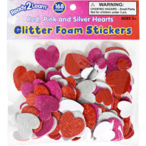 Glitter Foam Stickers - Hearts - Red, Pink and Silver - Pack of 168