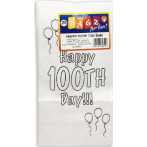 Happy 100th Day Paper Bags, 5" x 3" x 9.75", Pack of 25