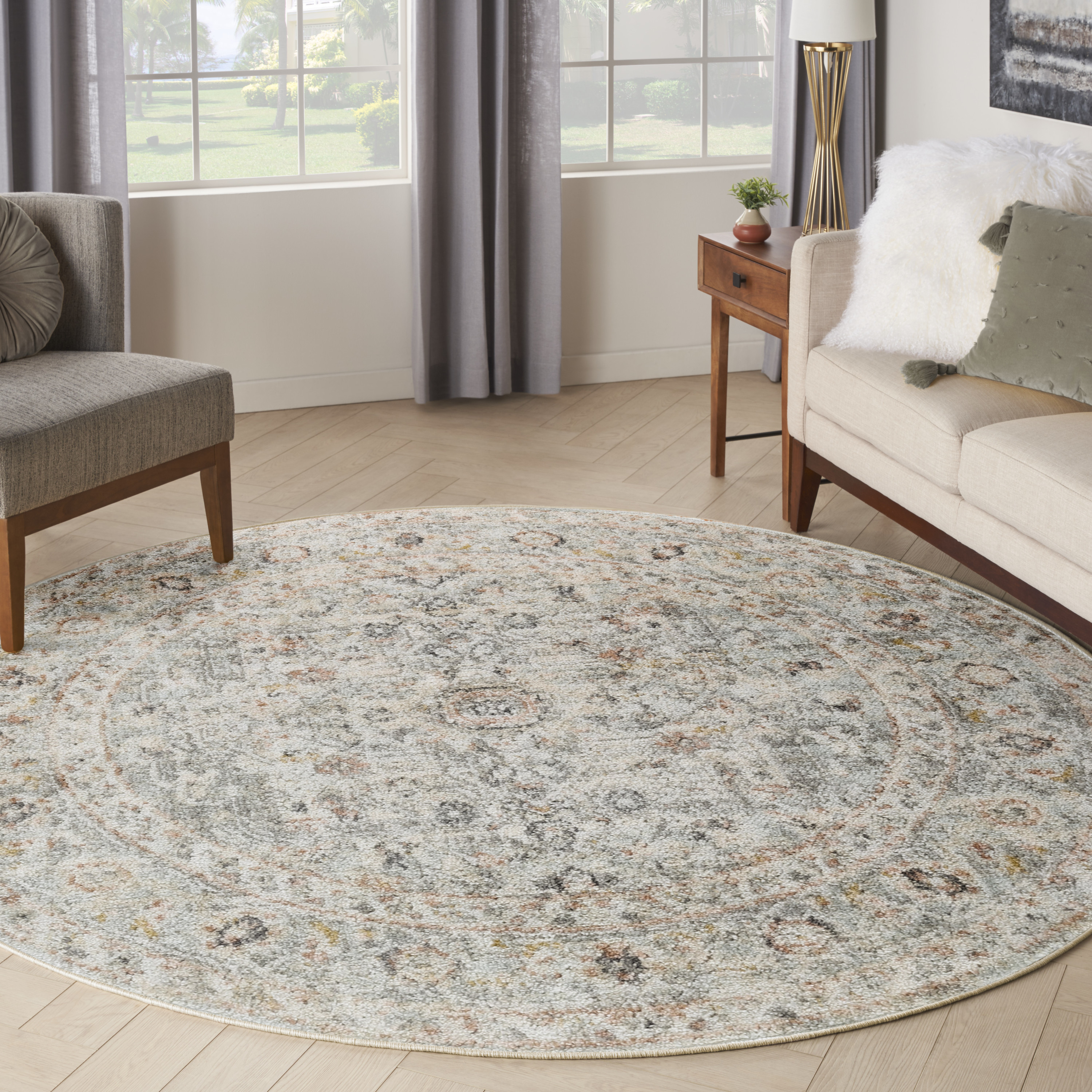 Nourison Oushak Home 7'10" x Round Light Grey Vintage Indoor Rug