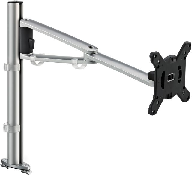 A single monitor arm set with a system rail mount for adjustable, ergonomic monitor display.