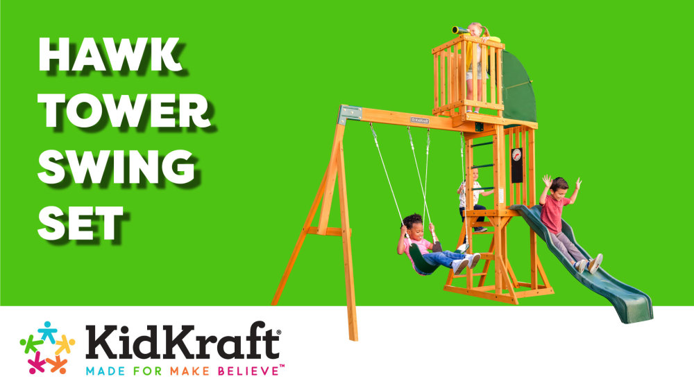 KidKraft Hawk Tower Wooden Swing Set with Slide and 2 Swings
