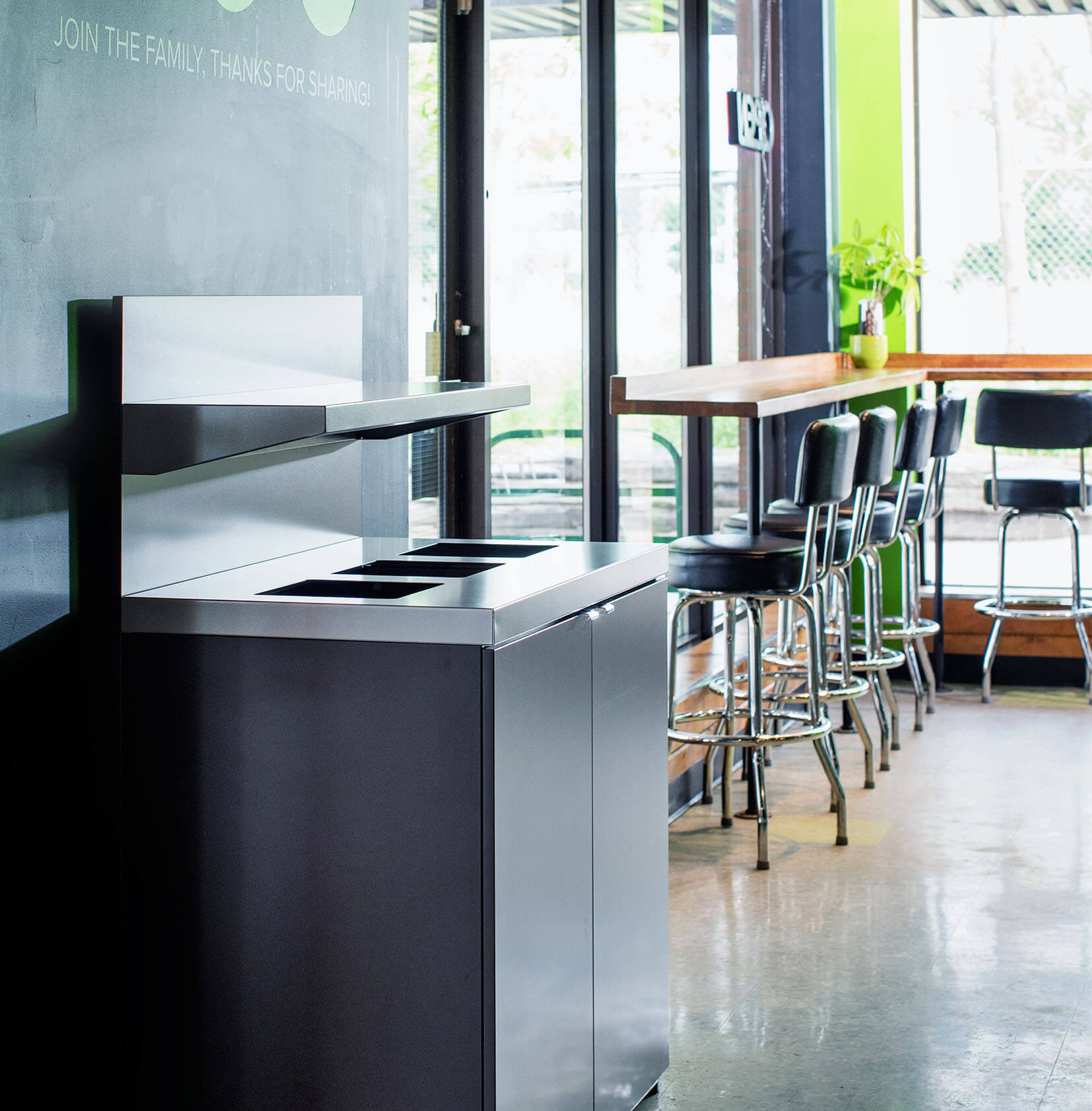triple station for collecting waste recycling and organics including a shelf for collecting trays in a restaurant