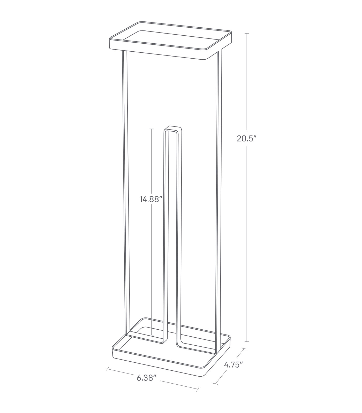 Image de dimension pour le support de papier toilette sur un fond blanc montrant une largeur totale de 6,38", une longueur de 4,75", une hauteur de 20,5". La hauteur de la barre de support où vous pouvez mettre du papier toilette indique 14,88".