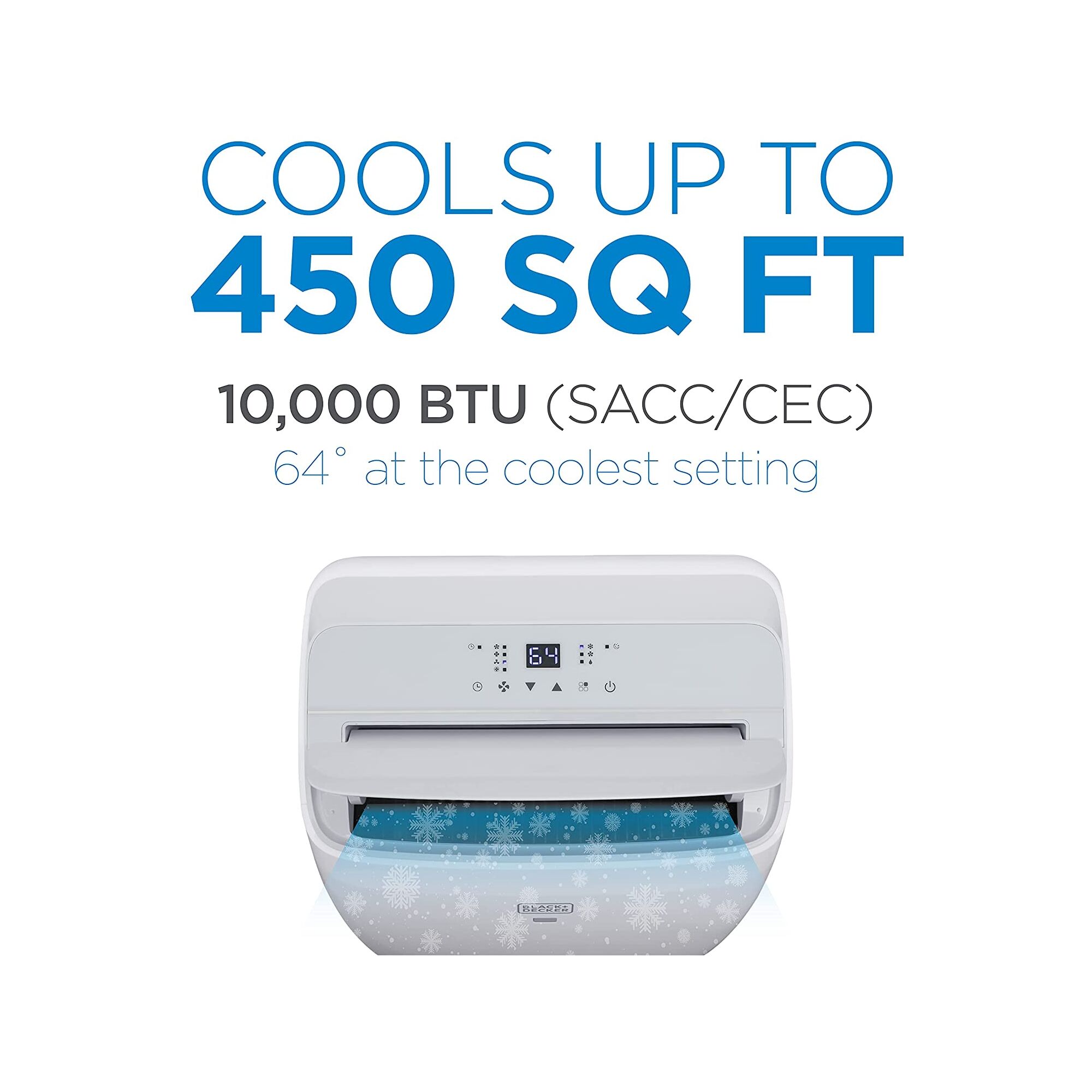 Graphic calling out that the air condition cools up to 450 square feet