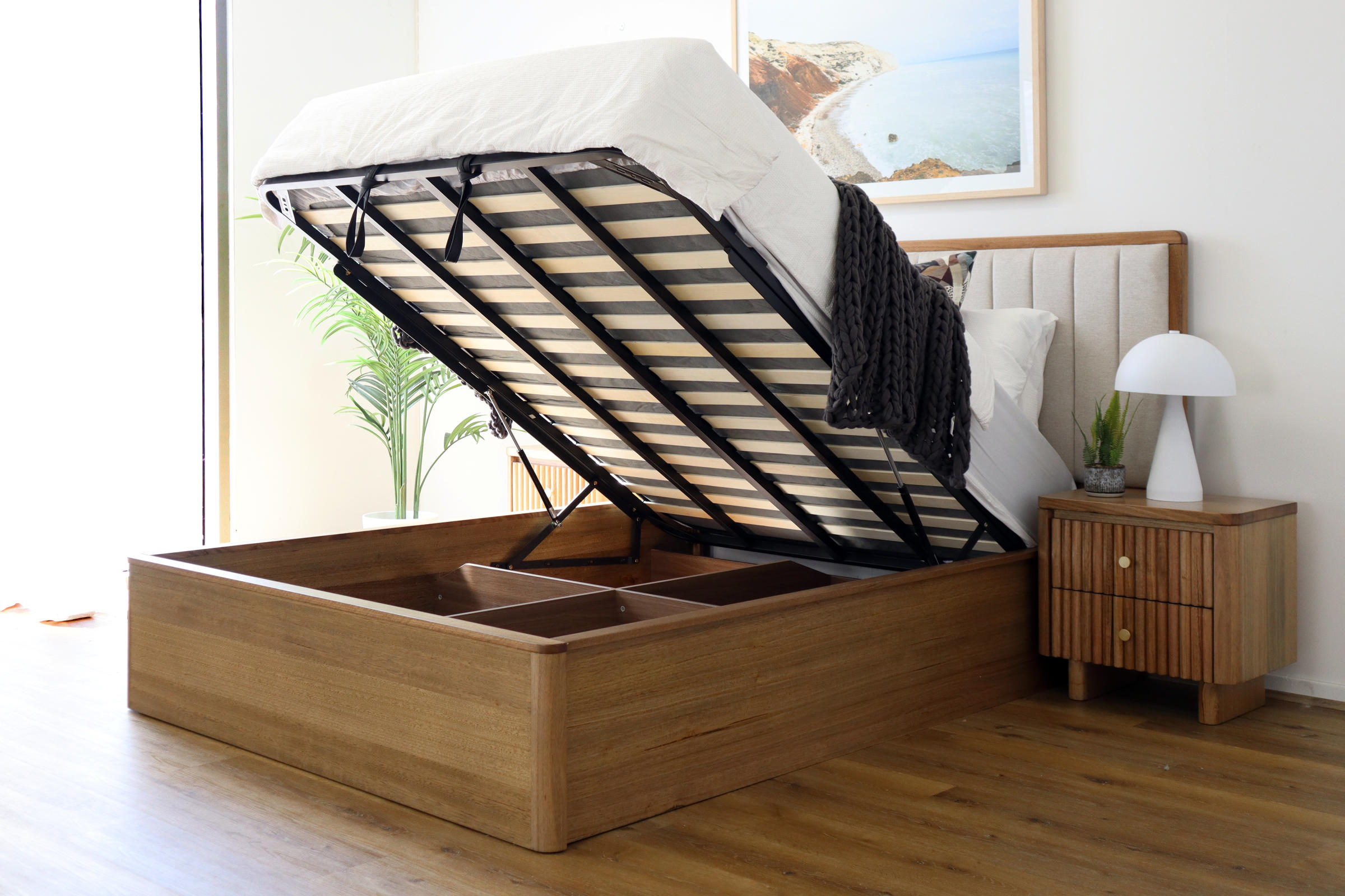 Lifestyle image of the  Clifton Bed Frame, Gas Lift Base, Smoked Oak from Forty Winks