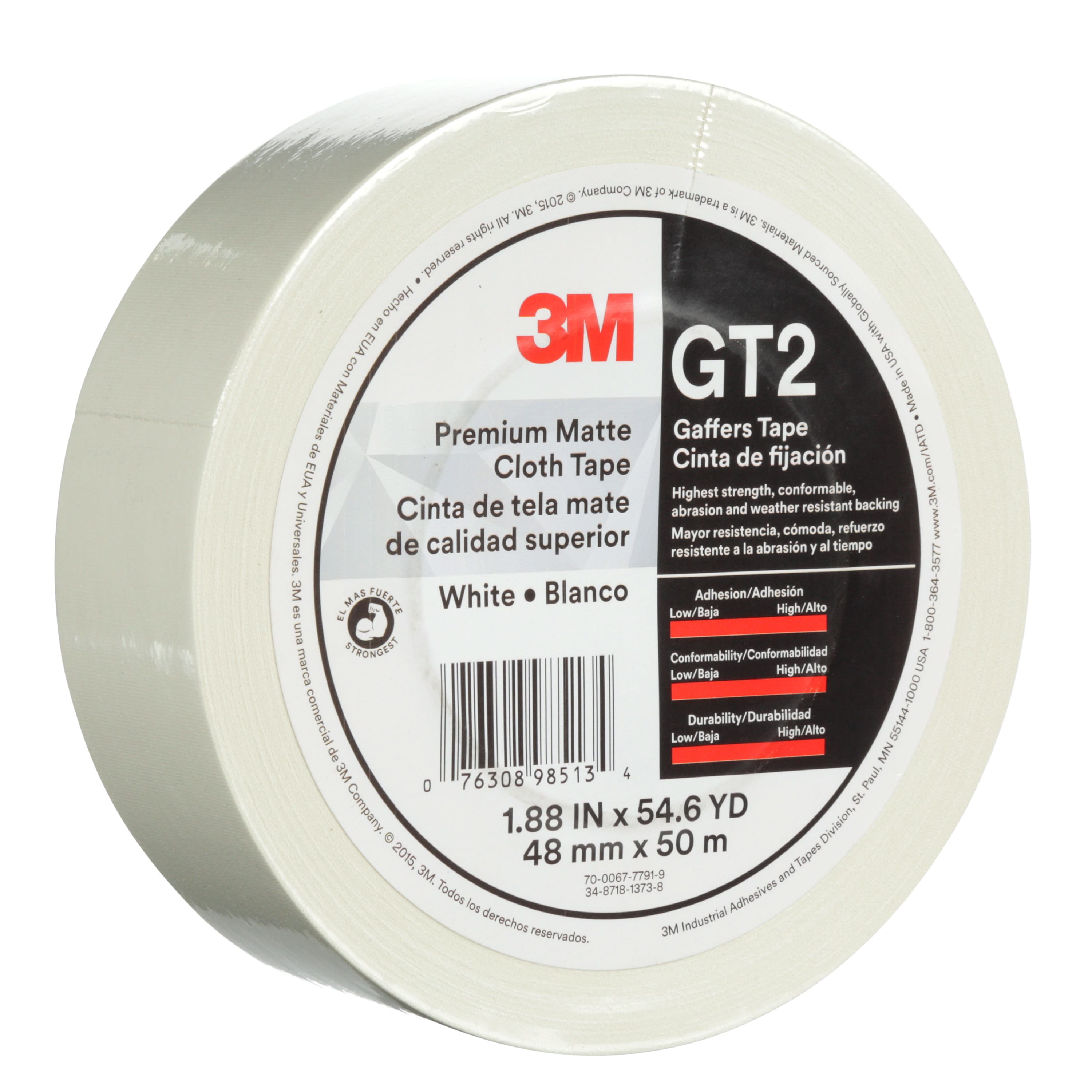 3M™ Premium Matte Cloth (Gaffers) Tape GT2, White, 48 mm x 50 m 11 mil,
24 per case