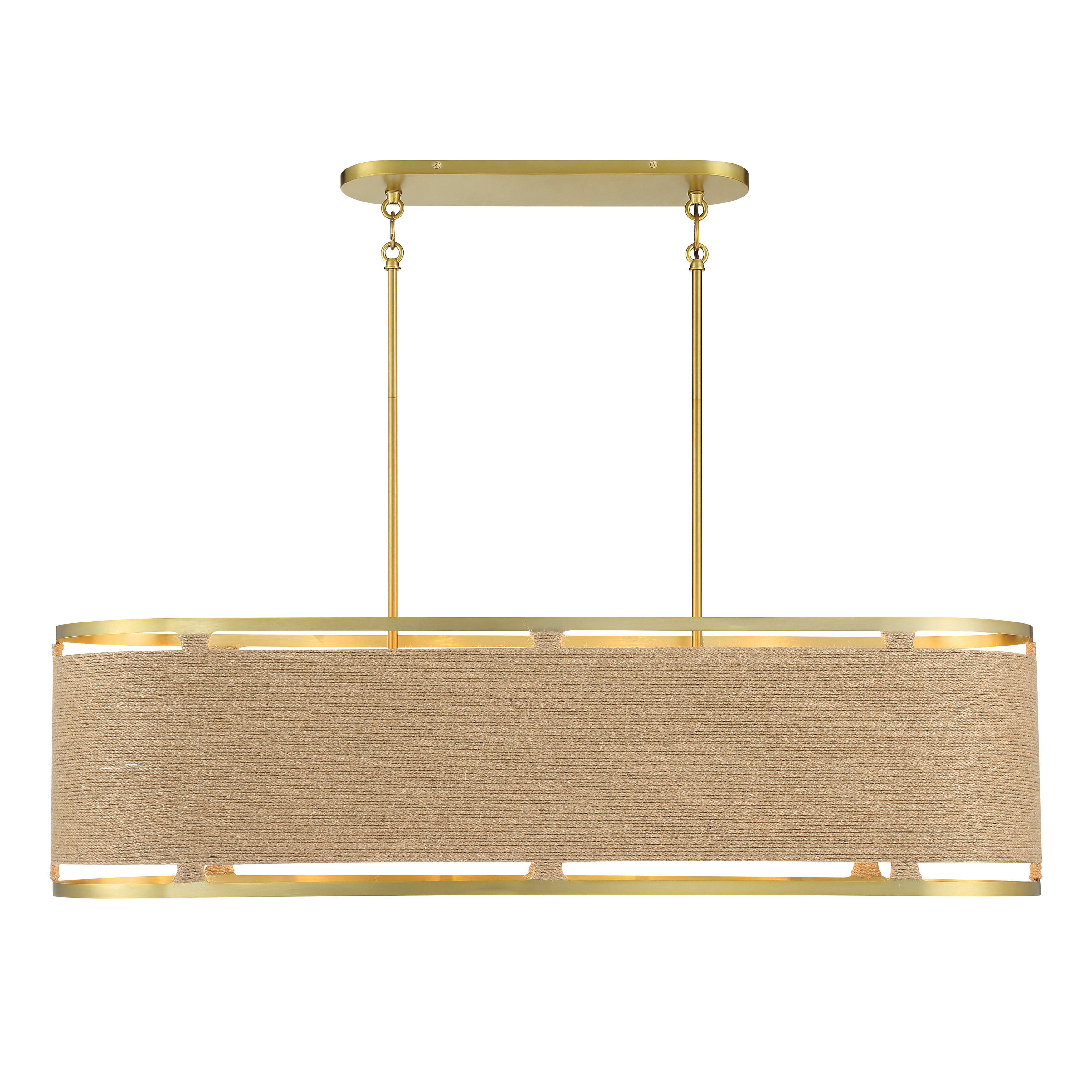 The Windward Passage brings coastal elegance to your space with 8 candelabra lights arranged in a linear design. Soft brass finish and rope accents create a sophisticated nautical aesthetic perfect for kitchen islands and dining areas. - alternate view