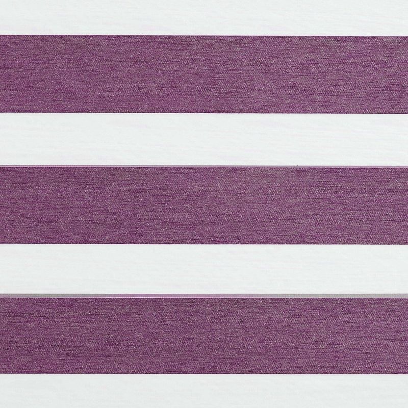 Dual-layer horizontal zebra blind covering a window; alternating textured mauve and white bands lie aligned, partially filtering light; interior view only, even soft lighting.