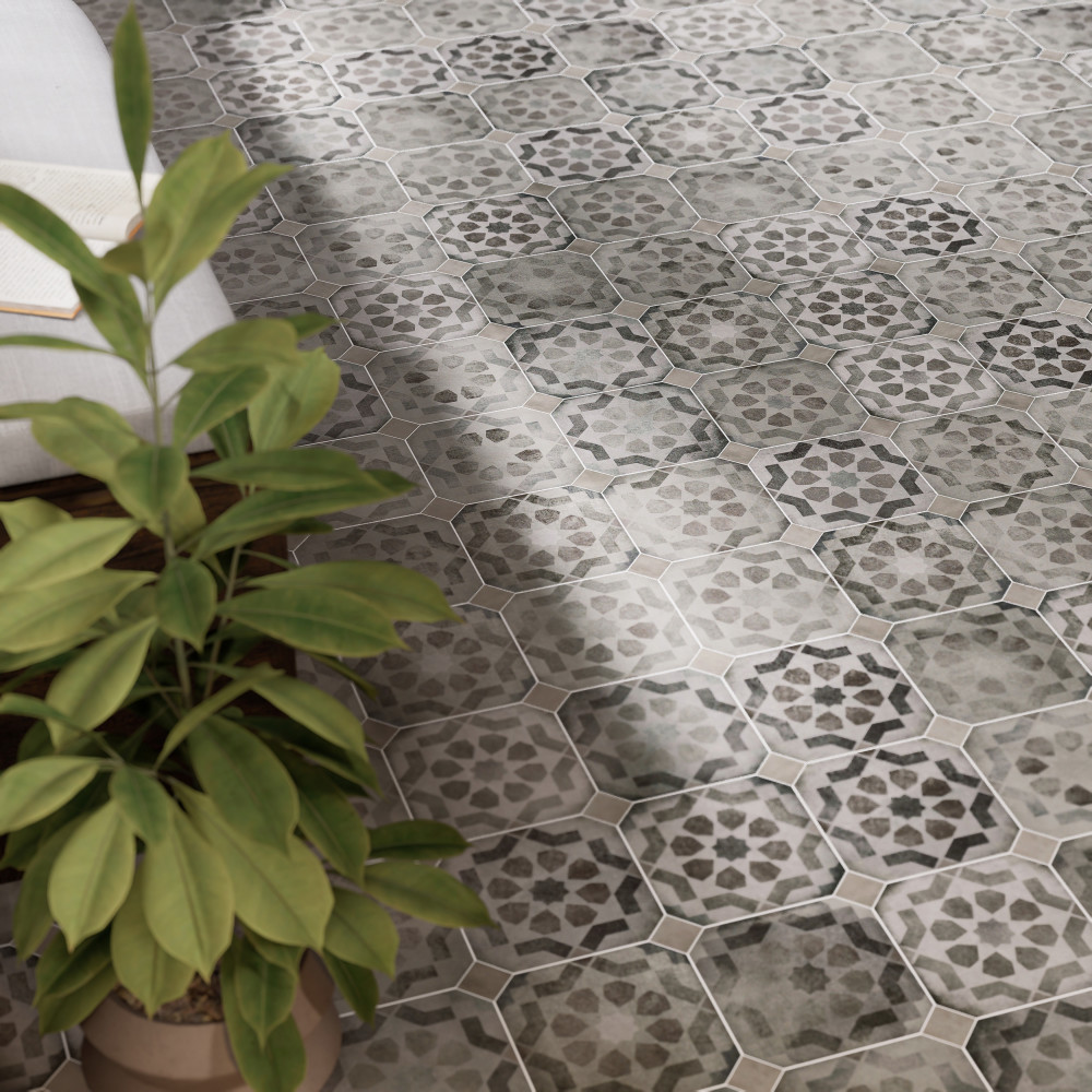 Laverton Octagon Deco Sombra with Grafito 7-7/8 in. x 7-7/8 in. Porcelain Floor and Wall Tile
