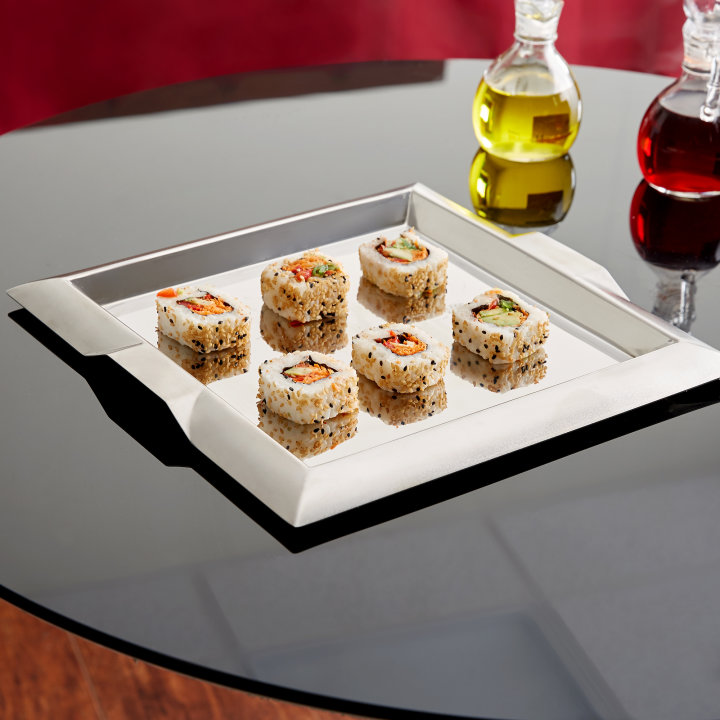 Small square stainless steel serving tray