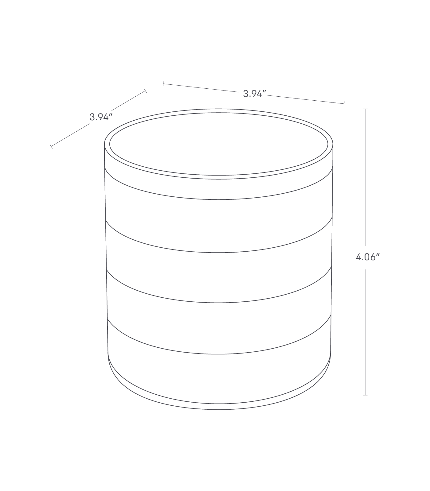 Dimension image for Stacked Jewelry Organizer showing total height of 4.06 inches, length of 3.94 inches, width of 3.94 inches.
