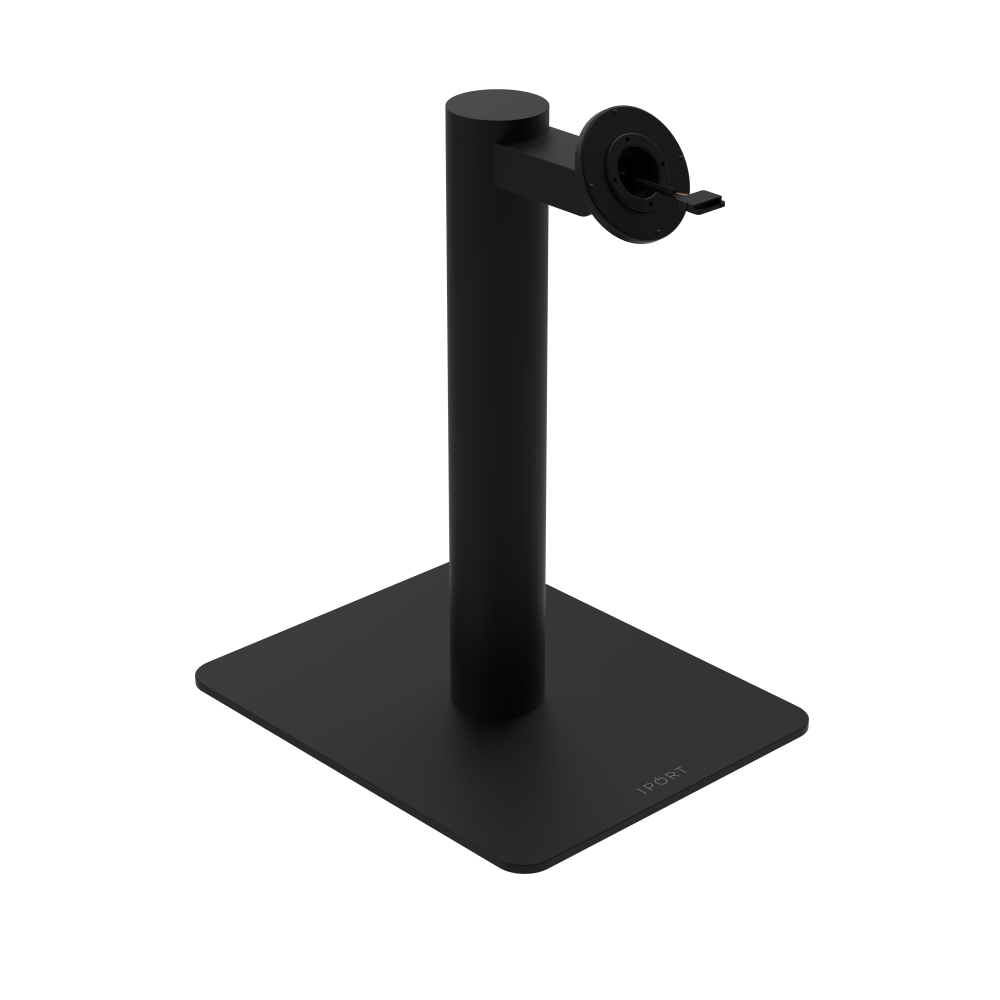 CONNECT MOUNT Pillar Single iPads on a Baseplate in black fifteen inches high with a CONNECT MOUNT head and Hirose H10 Connection.