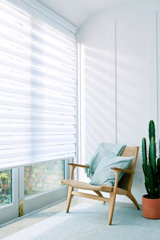 White zebra roller blind over glass door, alternating sheer and opaque stripes, lowered and filtering bright daylight; rattan chair with mint cushion and throw, potted cactus in sunlit room.