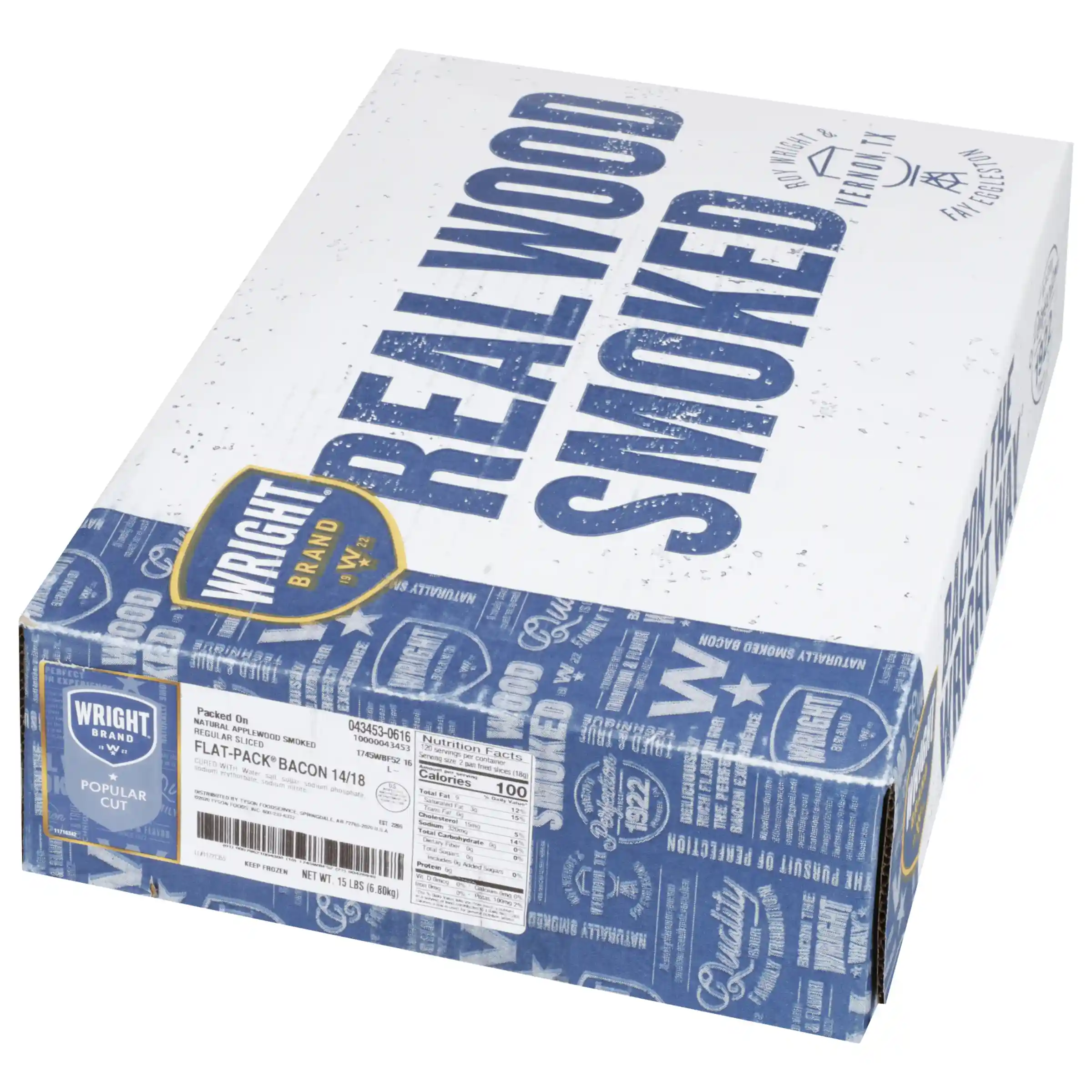 Wright® Brand Naturally Applewood Smoked Regular Sliced Bacon, Flat-Pack®, 15 Lbs, 14-18 Slices per Pound, Frozen_image_5