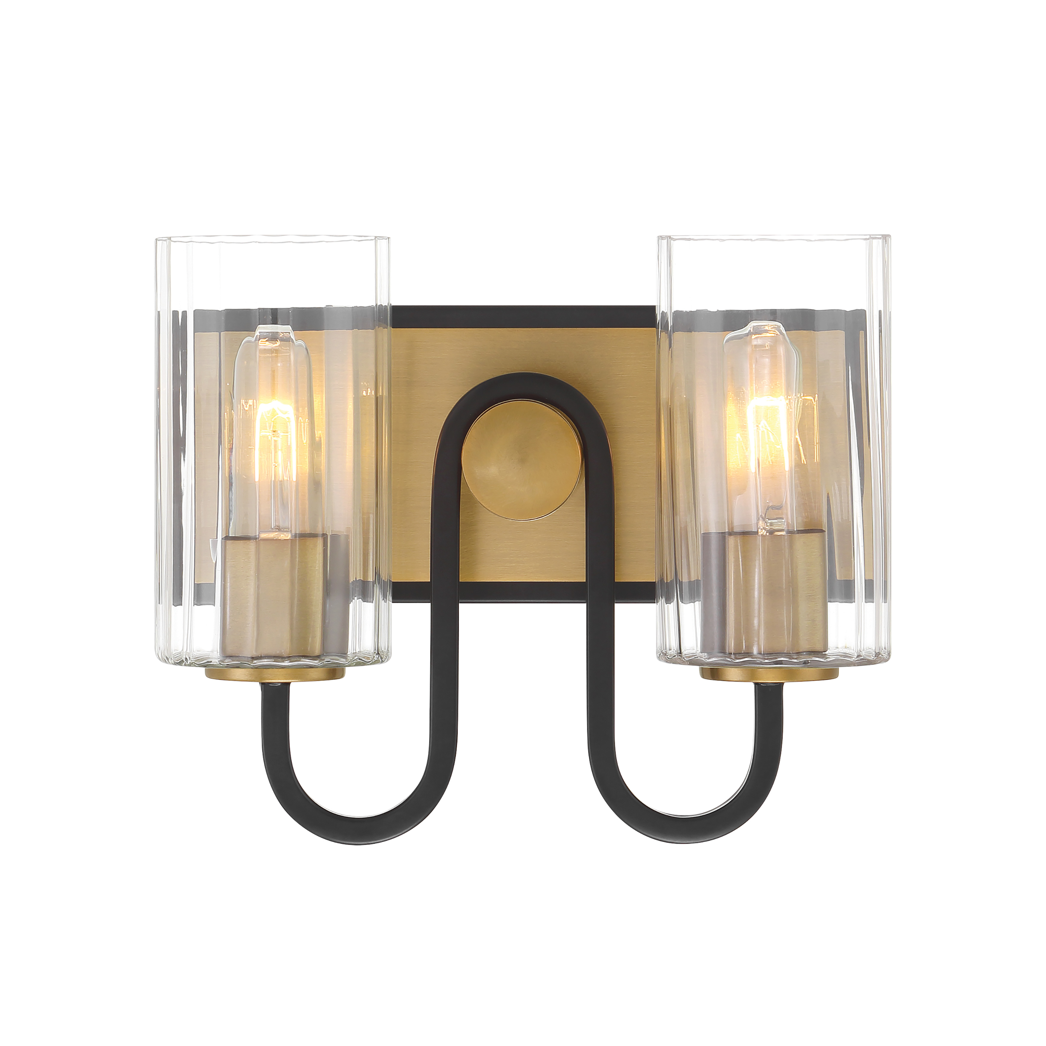 The Orla 12" vanity combines warm Legacy Brass with modern Matte Black accents, featuring clear ribbed glass shades that add visual texture. Perfect for smaller bathrooms or powder rooms seeking sophisticated style. - alternate view
