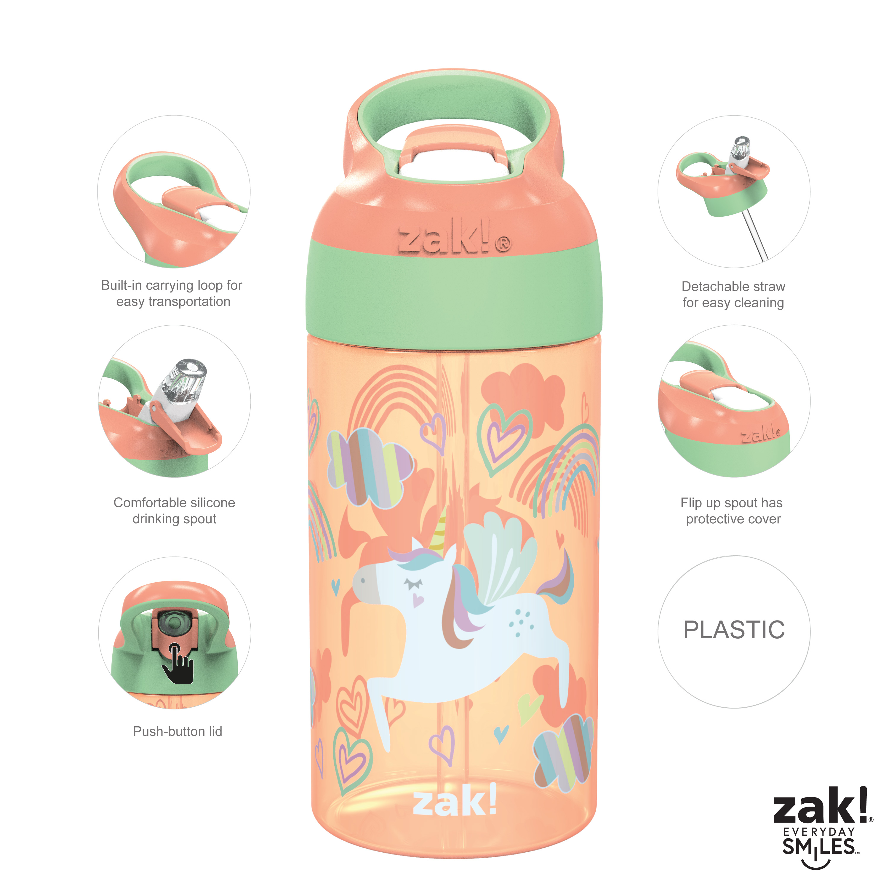 Zak Hydration 16 ounce Water Bottle, Camo Dinosaurs and Unicorns, 2-piece set slideshow image 12