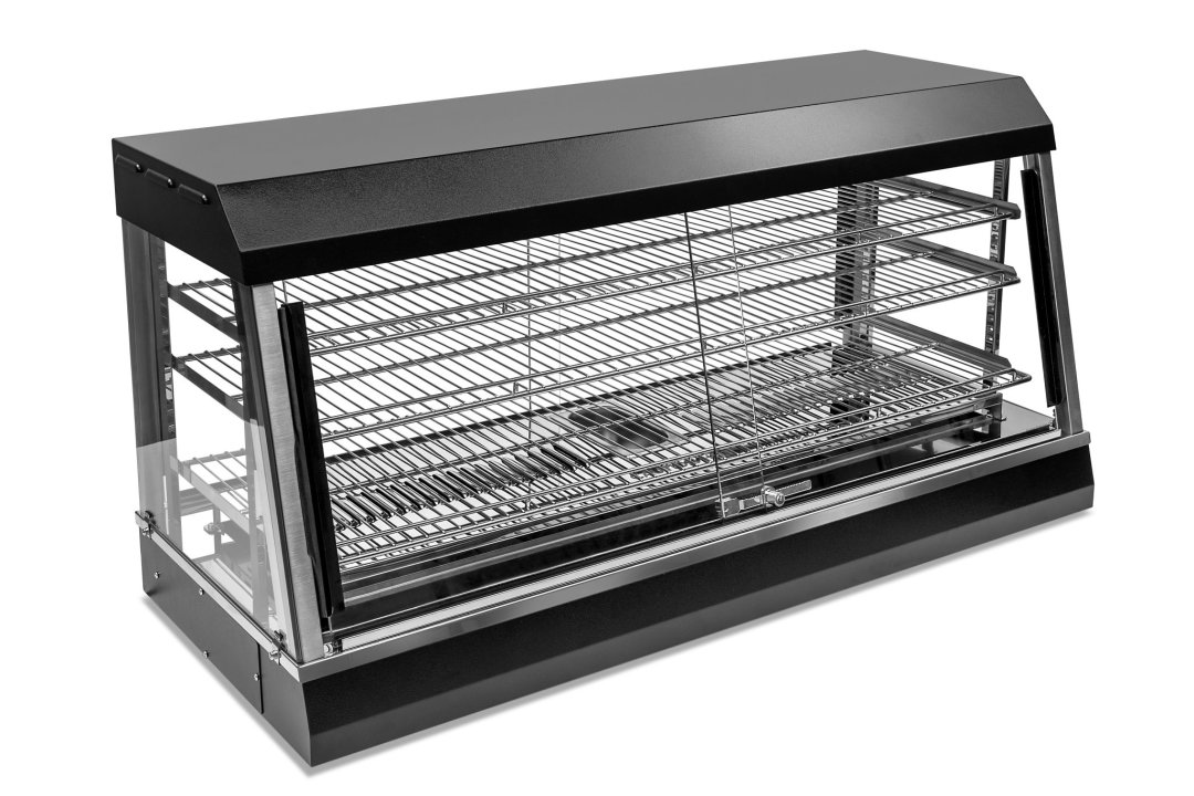 48-inch-wide 120-volt angled-front heated display case with front and rear access in black
